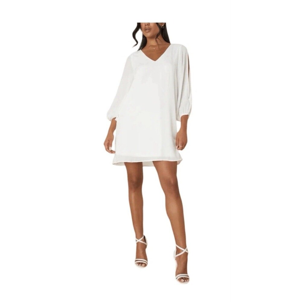 Lulus Shifting Dears Long Sleeve Mini Dress Size large White Mini Cutout Sleeves